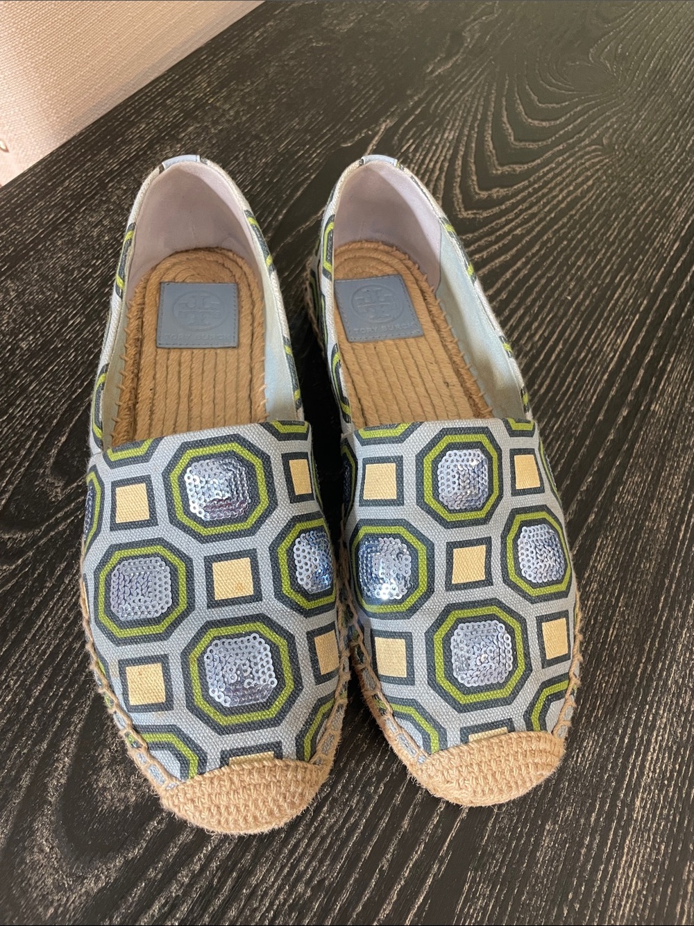 Tory Burch Geometric Sequin Espadrilles in Blue, Green & Cream